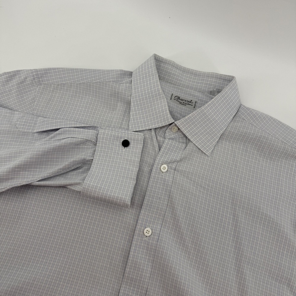 Charvet Paris Mens Dress Shirt 17 43 L Blue White Micro Check French Cuff France
